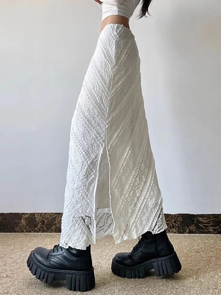 Bxoxo Elegant White Lace Long Skirt Women Vintage Slim Sexy Slit Streetwear Skirts Summer Retro High Waist Design Lady Long Skirt