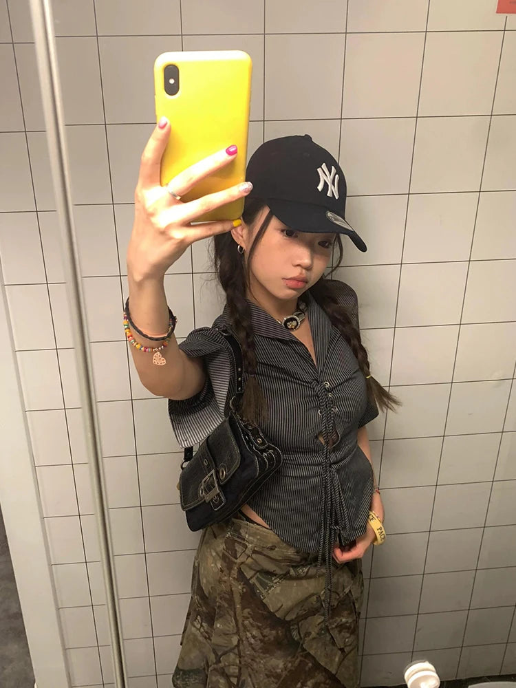 BXOXO Korean Shirt Women Lace Up Striped Slim Shirt Y2k Vintage Tops Half Sleeve Streetwear Japanese 2000s Hollow Out Shirts