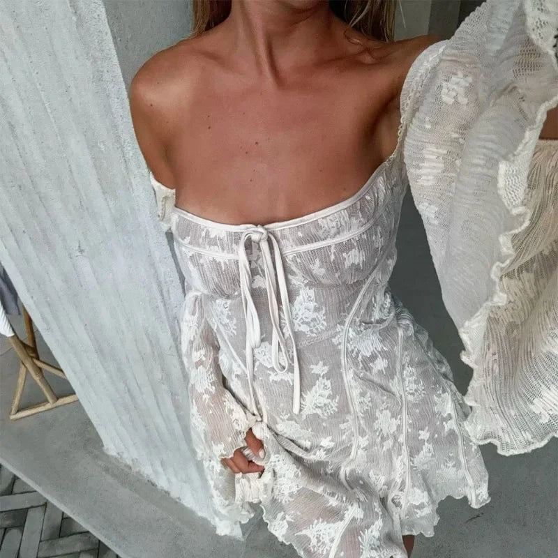 BXOXO Lace Ruffle Mini Dress Slim Sexy Backless Long Sleeve Bandage Dresses Women Summer Slim Patchwork Vacation Beach Dress