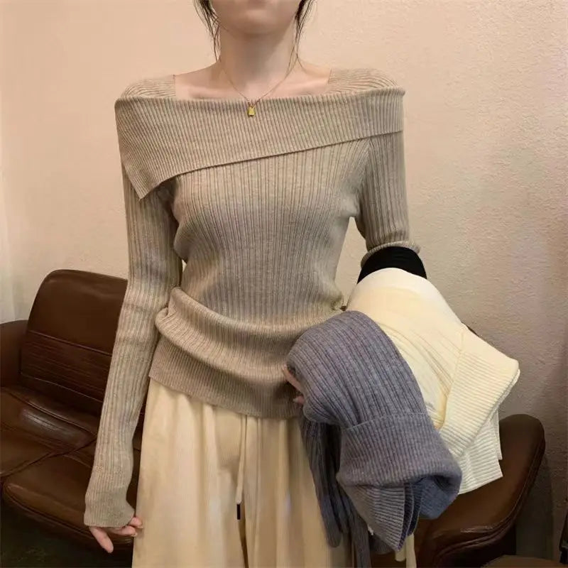 Bxoxo Women Off Shoulder Knit Sweater Slash Neck Long Sleeve Slim Knitwear Jumpers Office Sweater For Women 2024 Autumn Winter