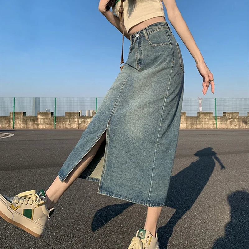 Bxoxo Summer New High-waist Slit Denim Skirt For Women Washed Retro A- line Skirt Hip-covering Straight Long Skirt