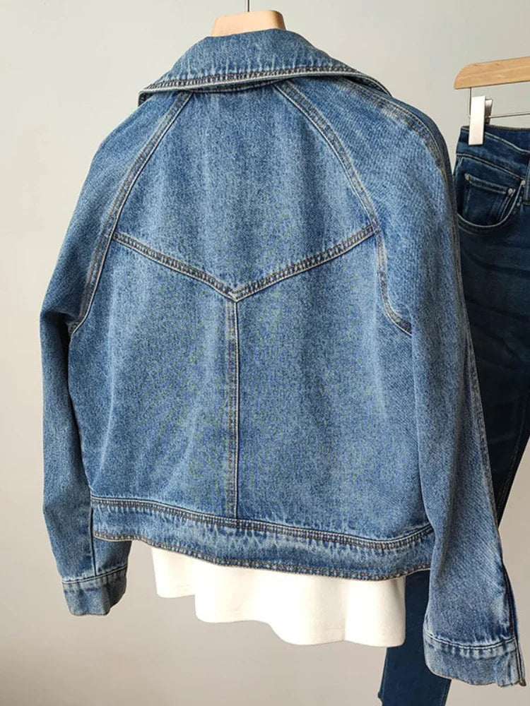 BXOXO Spring Autumn Women Denim Jacket Casual Lady Moto Biker Coat Vintage Lapel Zipper Jacket