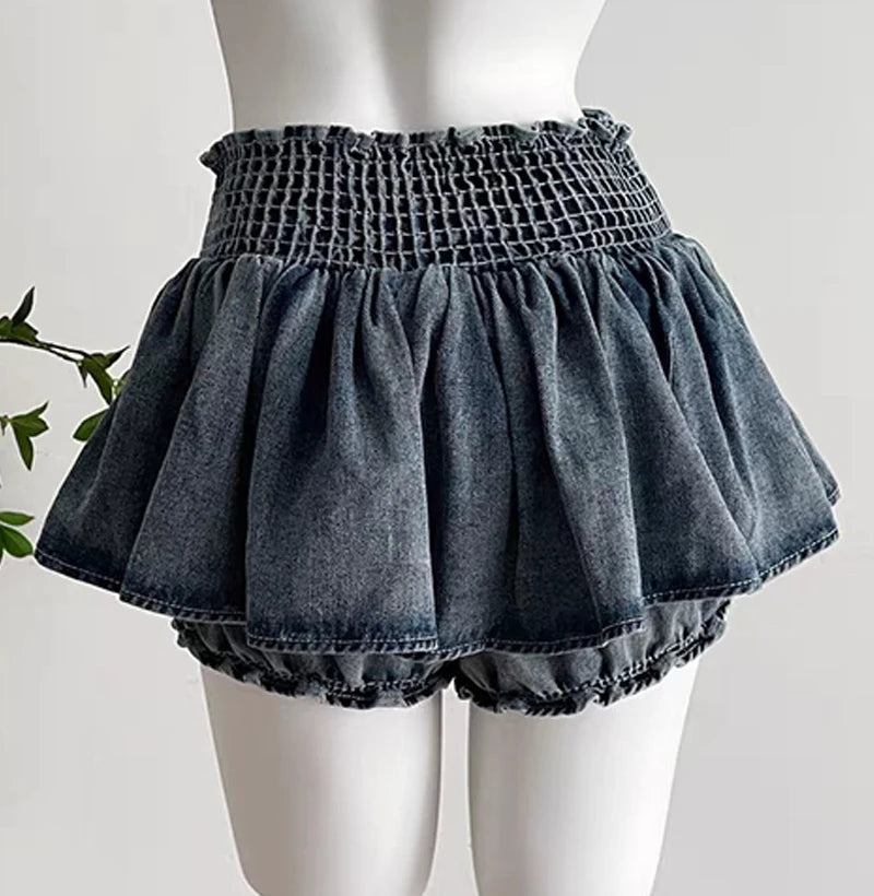 Bxoxo Y2k Bow Denim Skirt with shorts Kawaii Women Vintage Gyaru Ruffle Low Waist Sexy Pleated Mini Skirts Summer Streetwear