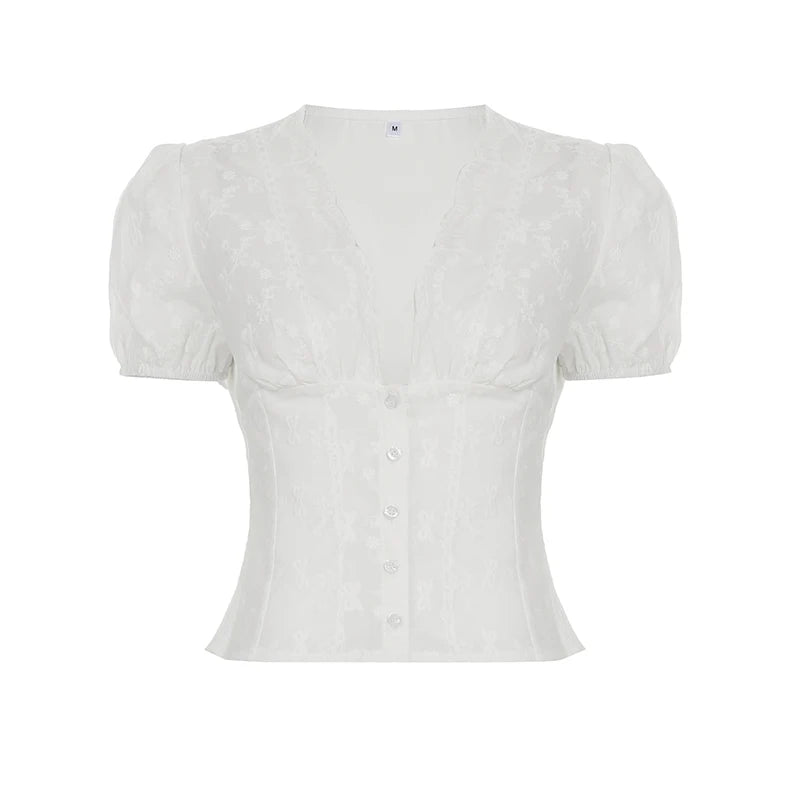 Bxoxo Fashion Simple Lace V-Neck Chic Sweet Shirts Cute Japan Style Slim Fit Women Summer New Blouses