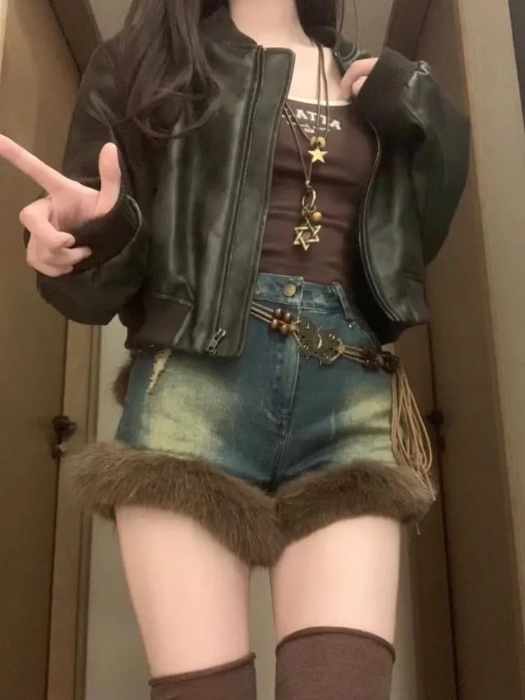 BXOXO American Vintage Loose Blue Denim Shorts 2025 Autumn New High Waist Jeans Y2k Grunge Straight A-line Fluffy  Women