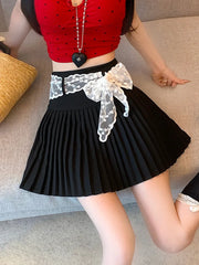 Bxoxo Lace Belt Pleated Skirt Women Sweet High Waist Sexy Mini Skirts Korean Fashion Casual Preppy Style Cute A Line Dance Skirt
