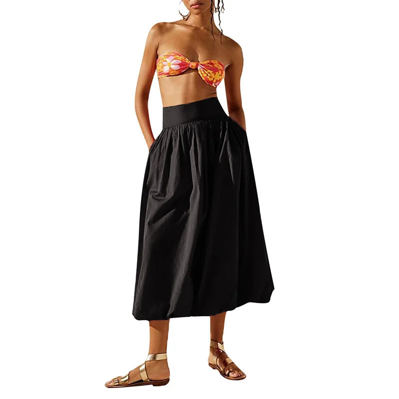 Bxoxo Skirts y2k Women Summer Elegant Solid Color High Waist Loose Fitting Long Bubble Skirt Office Ladies Skirts Streetwear