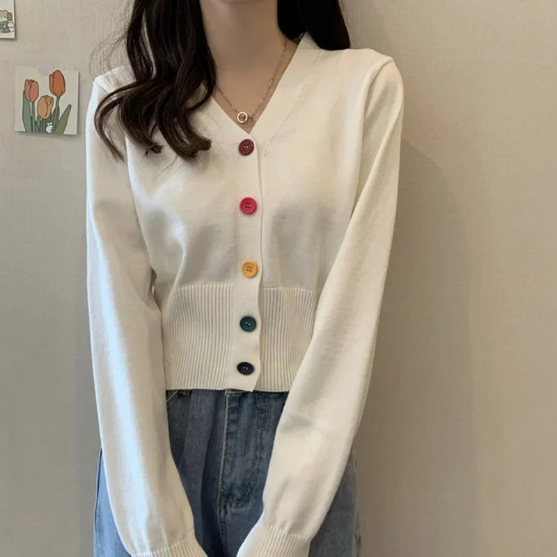 Bxoxo Autumn and Winter Little Fresh Colorful Buttons Younger Slim-Fit Slimming V-Collar Cardigan Long-Sleeved Sweater Top for Women