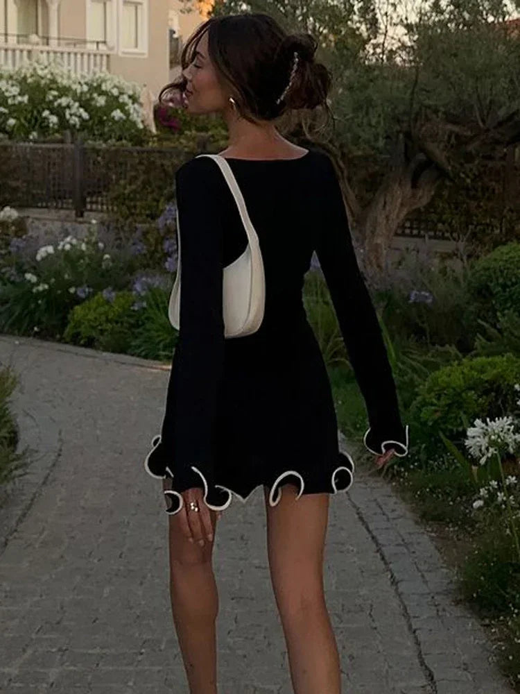 Bxoxo Fashion Women's Knit Mini Dress Ruffled Autumn High Waist Elegant Slim Party Dress Patchwork Knitwear Sweater Female Dress