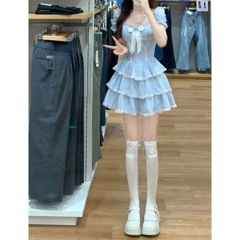 Bxoxo Summer Sweet Kawaii Blue Plaid Dress Woman Lolita Lace Y2k Mini Dress Short Party Elegant One Piece Dress Korean Fashion