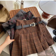 BXOXO Vintage Plaid Skirt Women Preppy Style Kawaii Pleated Skirt Korean Fashion Autumn Winter A-line Streetwear Mini Skirts