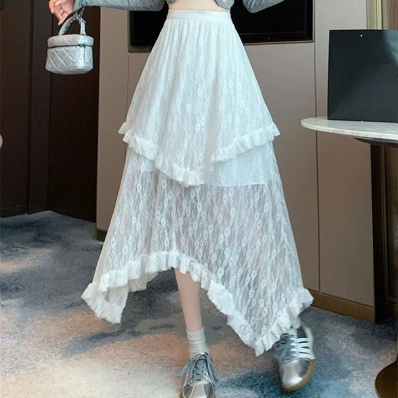 BXOXO Lace Fairycore Tulle Women Skirt Sweet Ruffle White Skirts Vintage Korean Style Streetwear Patchwork Irregular Skirt