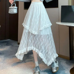BXOXO Lace Fairycore Tulle Women Skirt Sweet Ruffle White Skirts Vintage Korean Style Streetwear Patchwork Irregular Skirt