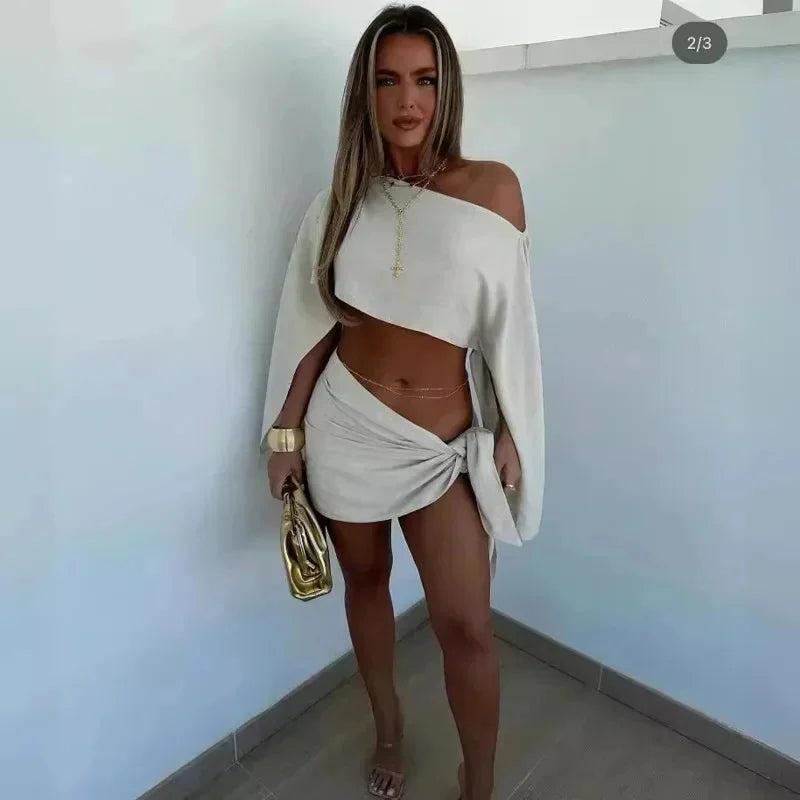BXOXO Women Fashion Solid 2 Piece Set Summer Sexy Diagonal Neck Pagoda Sleeve Short Top Lace Up Skirt Set Casual Beach Vacation Outfit