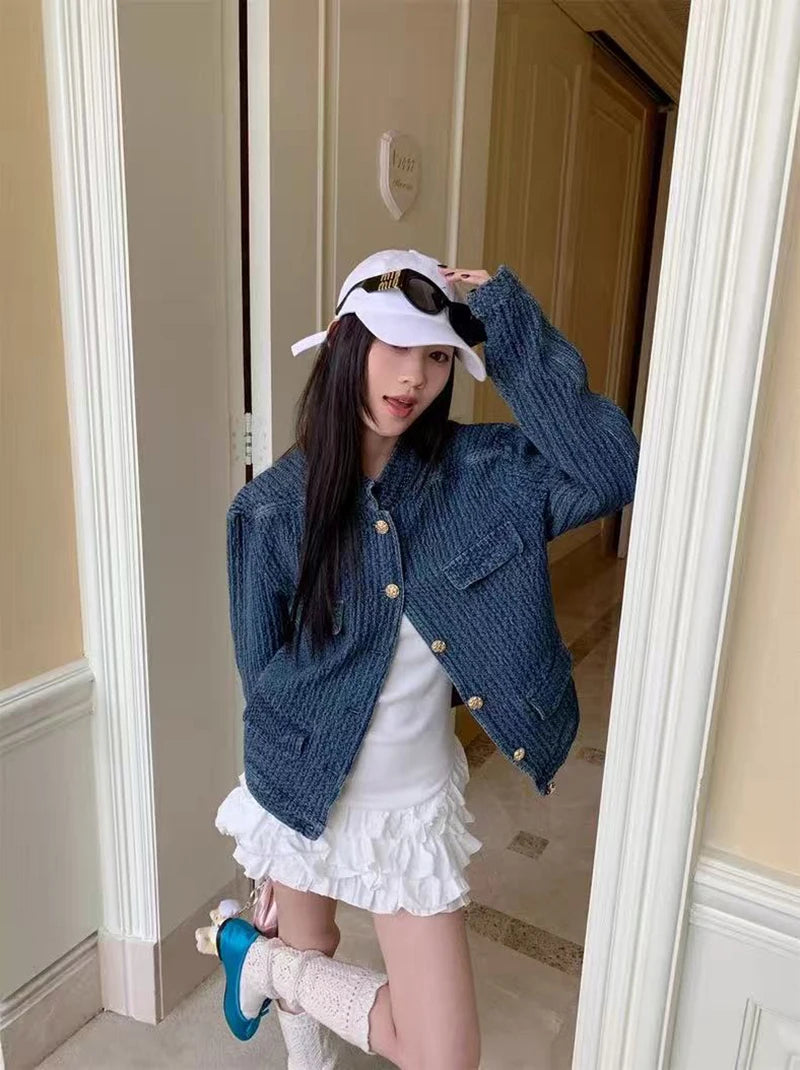 Bxoxo Vintage Stand Collar Denim Jacket Women Autumn Loose Streetwear Single Breasted Coats Y2K Korean Chic Long Sleeve Casual Outwear