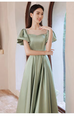 BXOXO Fairy Green Satin Prom Dress Puff Short Sleeve Lace-Up Floor Length Elegant  Evening Gown Plus Size Banquet Vestidos