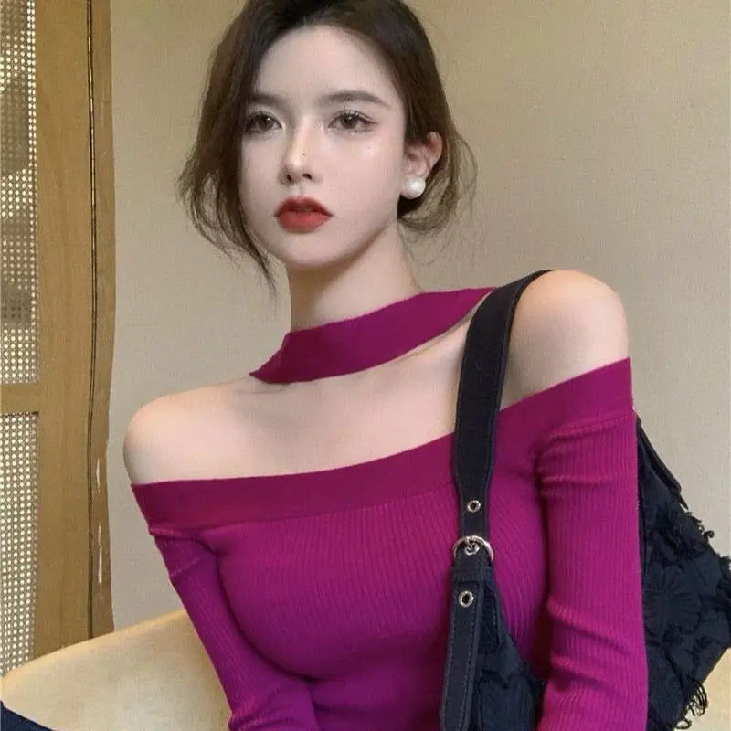 Bxoxo Vintage Knitting Short Tops Tees Spring Autumn New Long Sleeve Slash Neck Solid Slim Bottoming Shirt Sexy Fashion Women Clothing