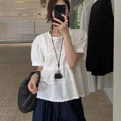 Bxoxo Sweet Korean Sle Lace irt Women's Faion Slimming Loose Bubble Sve Hollow out d Top Commute Sle round Ne or...