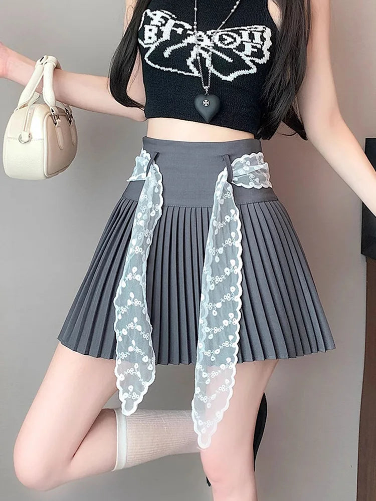 Bxoxo Lace Belt Pleated Skirt Women Sweet High Waist Sexy Mini Skirts Korean Fashion Casual Preppy Style Cute A Line Dance Skirt