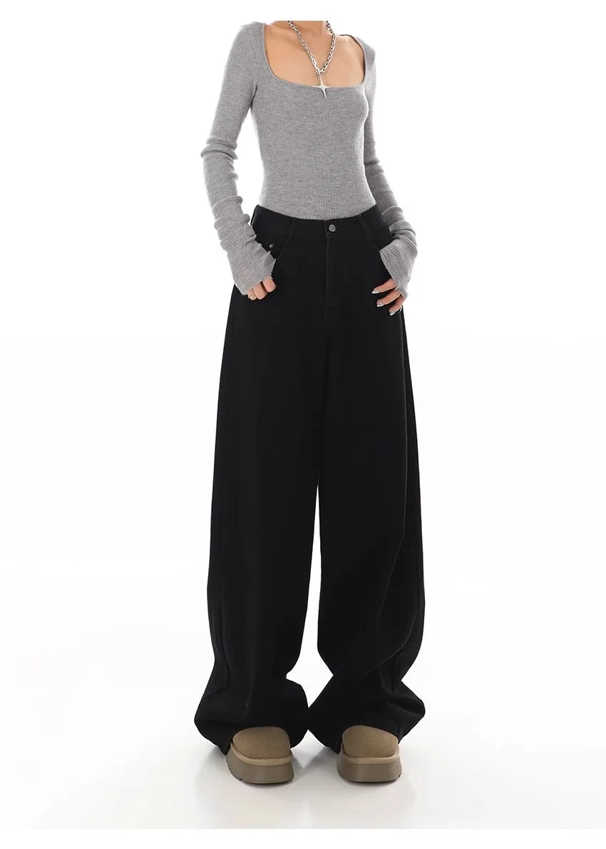 Bxoxo Y2K Black Jeans for Women Korean Fashion Streetwear High Waist Wide Leg Denim Pants Female Baggy Straight Trouser