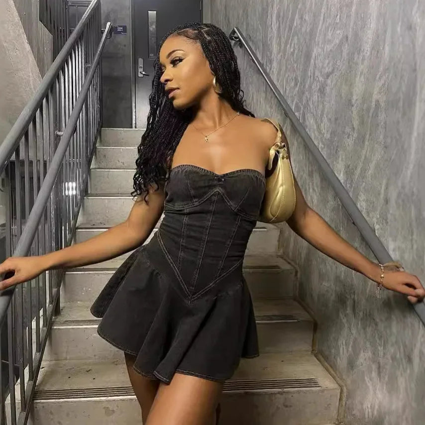 BXOXO Chest Wrap Sexy Dress Women Sleeveless Backless Split Splicing Tight Denim Mini Dress Thin Sexy Y2K A-word Denim Dress
