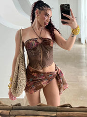 BXOXO Fashion 3 Piece Set Women Flower Print Mesh Patchwork Camisole+Lace-up Briefs+Ruched Knot Skirts Beach Style Outfits