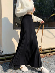 Bxoxo Knitted Long Pleated Skirt Autumn and Winter Elegant Temperament Skirts for Women Fashion Versatile High-waisted Long Skirt