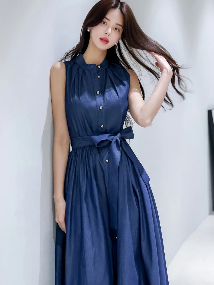 BXOXO Elegant Women Thin Denim Dress Summer Chic Korean Sleeveless A Line Long Dress Fashion Party Night Ladies Vestidos