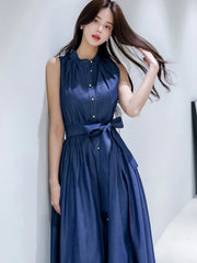 BXOXO Elegant Women Thin Denim Dress Summer Chic Korean Sleeveless A Line Long Dress Fashion Party Night Ladies Vestidos