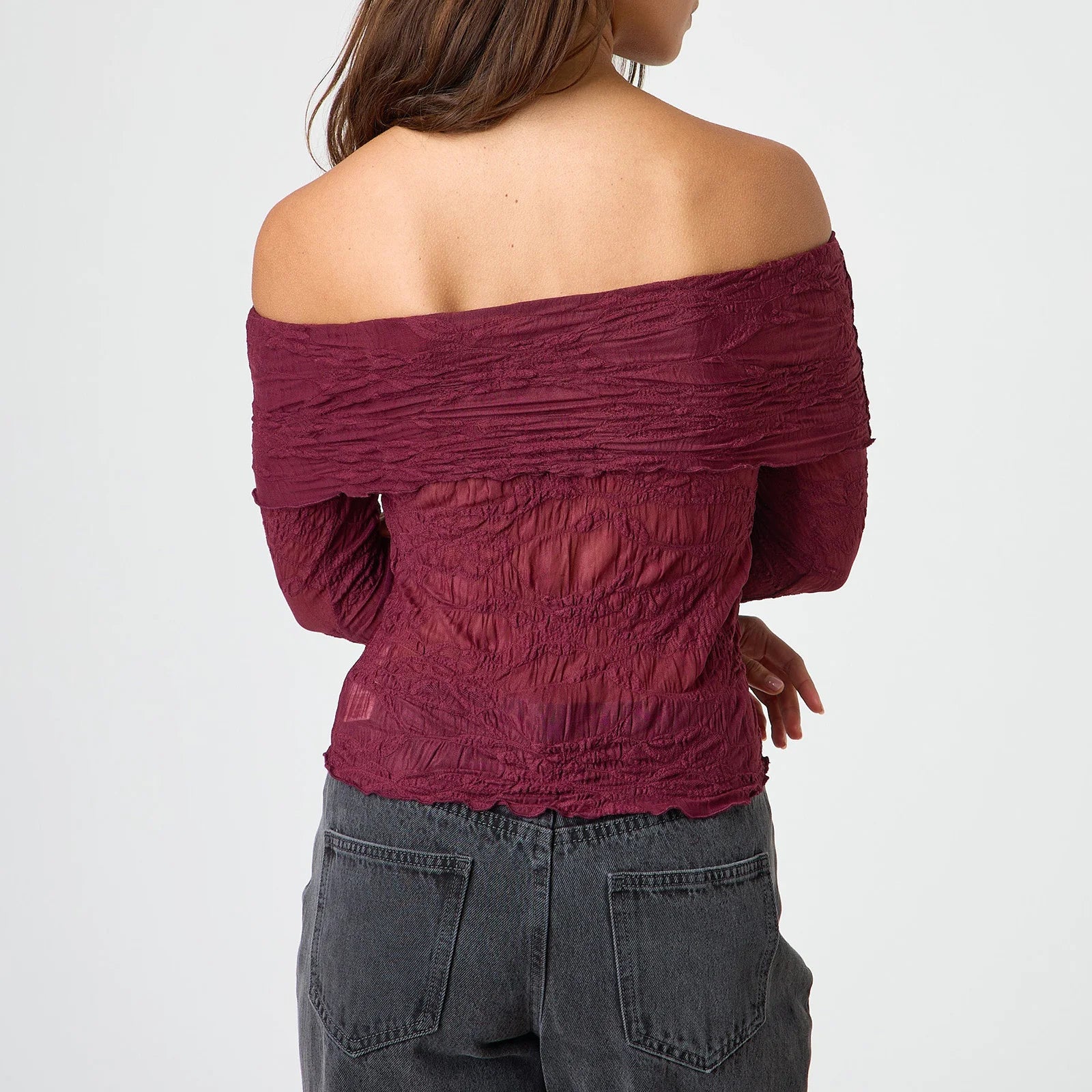 BXOXO Womens Off Shoulder Sheer Tops Floral Lace Chest Folding Boat Neck Long Sleeve Casual T-Shirt for Parties Streetwear
