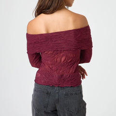 BXOXO Womens Off Shoulder Sheer Tops Floral Lace Chest Folding Boat Neck Long Sleeve Casual T-Shirt for Parties Streetwear
