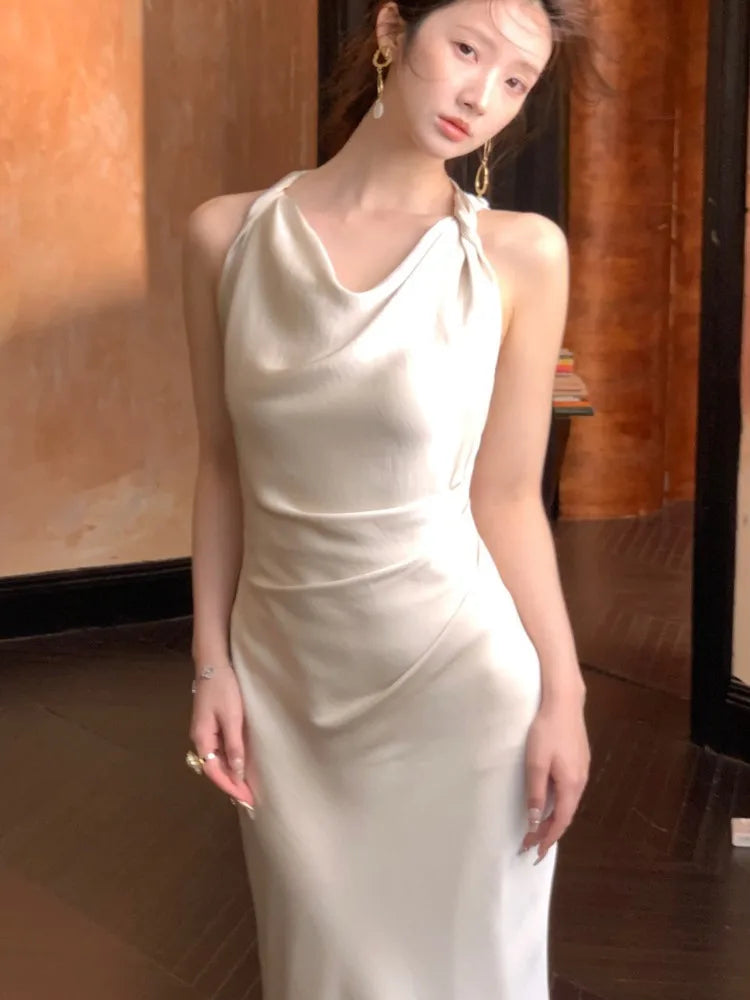 Bxoxo Women's Elegant Summer Party French Dresses Sexy Satin Swing-Collar Slim Bodycon Evening Mermaid Dress Chic Prom Female Clothes