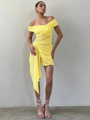BXOXO Off-shoulder Strapless Sexy Mini Dress For Women Fashion Irregular Mesh Beach Holiday Draped Ruched Bodycon Dress
