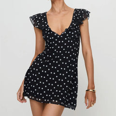 BXOXO Y2k Mini Dress Women Dot Print Short Dress Slim V Neck Flying Sleeve A-line Mini Dress for Daily Party Clubwear