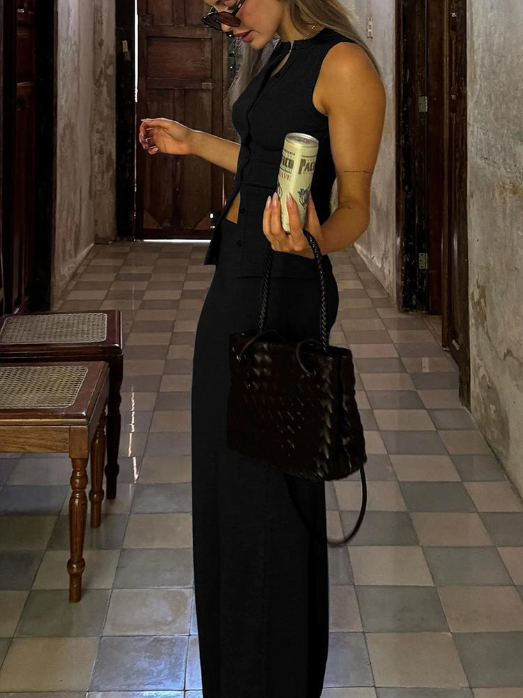 Bxoxo Matching Suit Sleeveless Ribbed Single-Breasted Top Shirt Maxi Skirt 2024 Spring Summer Women'S Clothing Sexy Streetwear