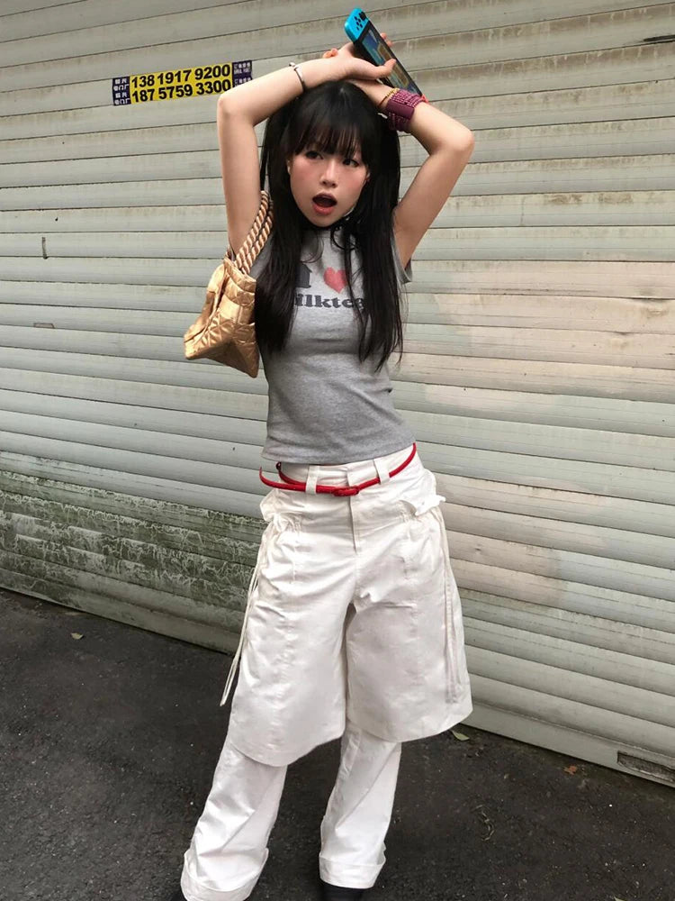 BXOXO Korean Style T-shirt Women Short Sleeve Skinny Print Graphic Tops Streetwear Y2k Vintage Crop Tops American Retro Tops