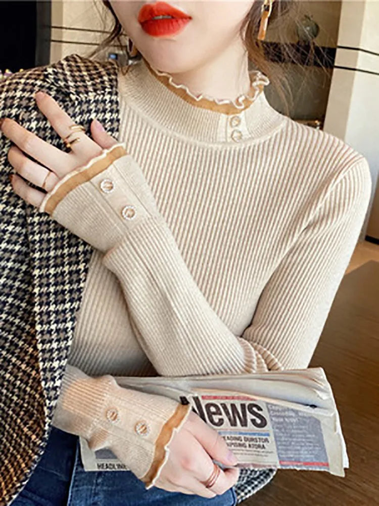 Bxoxo Knitted Women Sweater O-neck Button Pullovers Spring Autumn Basic Sweaters for Female Pullover Slim Solid Bold Lace Tops