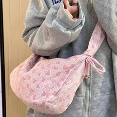 BXOXO Fashion Cute Women Shoulder Bag Heart Printed Korean Style Pink Handbag New Casual Large Capacity Pleated Crossbody Bag