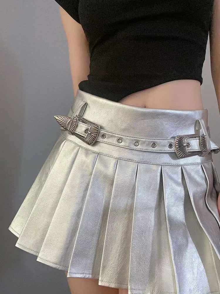 Bxoxo PU leather Pleated skirts Women Y2K High Waist With belt casual A line Punk skirts Fashion Hot Girls Night Party mini skirts