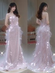 BXOXO Pink Shiny Strapless Celebrity Dresses Bead Sleeveless Off Shoulder Tulle Elegant Light Luxury Mermaid Toast Prom Evening Gowns