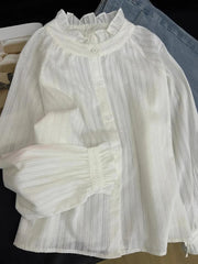 Bxoxo Y2K Lace Patchwork Women White Shirts Autumn Sweet Preppy Long Sleeve Tops Korean Stand Collar Single Breasted Ladies Blouse