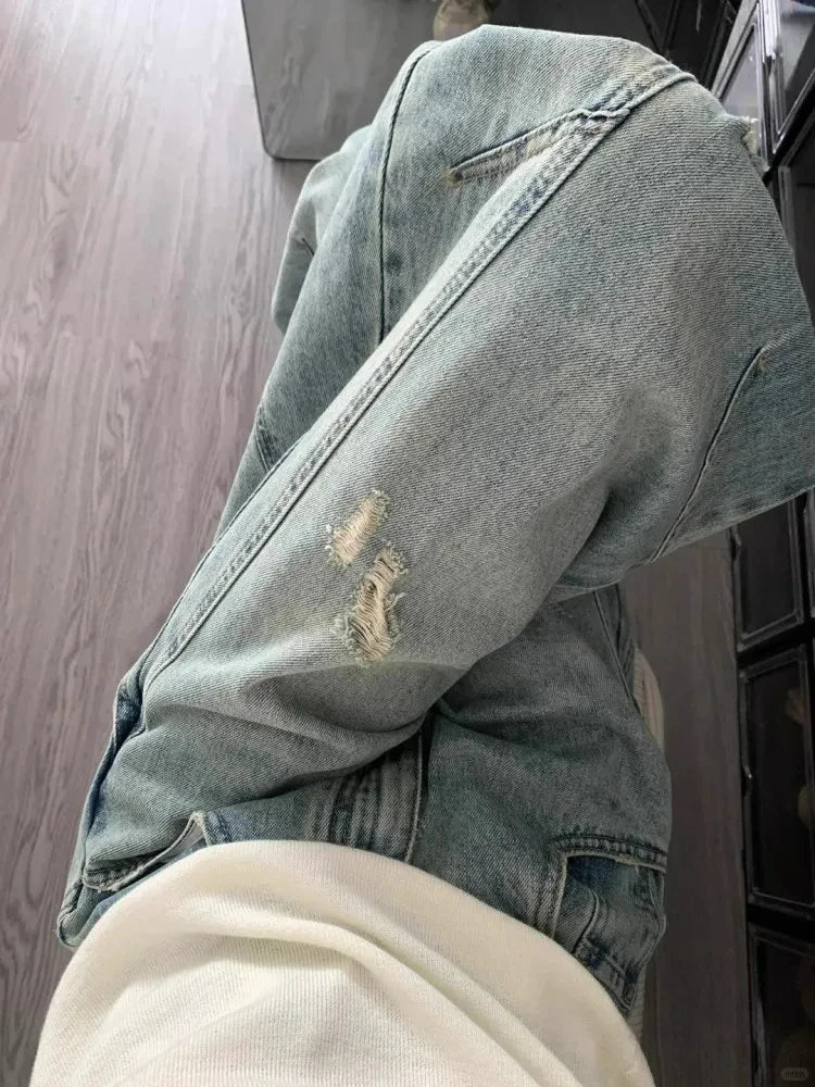 Bxoxo Streetwear Women Hole Jeans Summer High Waist Loose Washed Wide Leg Pants Bf Harajuku Hip Hop Patchwork Tassels Denim Trousers