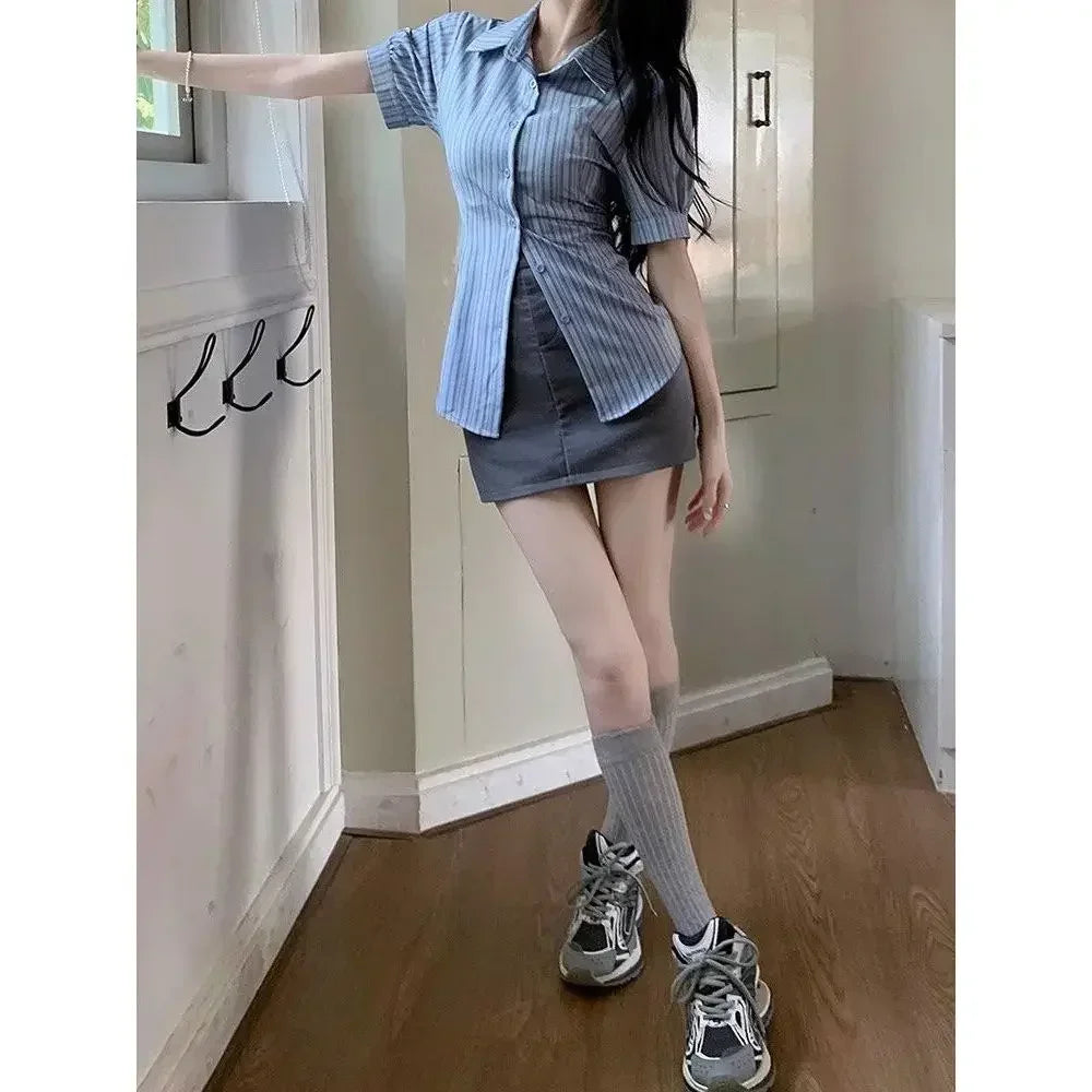Bxoxo Stripe Short-sleeved Shirt American College Style Waist Cinched Shirt for Women Summer Fashion Spicy Girl JK Short Sleeved Top