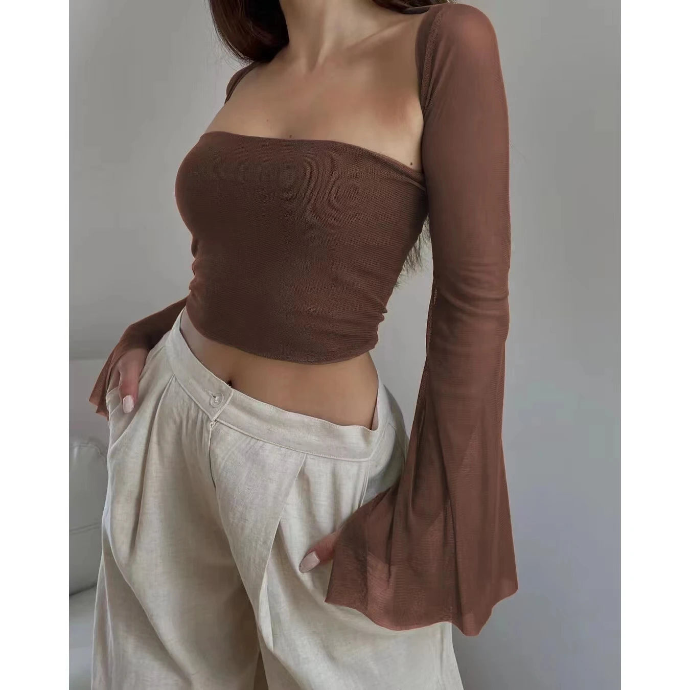 Bxoxo Aesthetic Vintage Women 2 Piece Sets Green Strapless Tank Top With Sexy Mesh Sheer Flare Long Sleeve Shawl Street Outfit