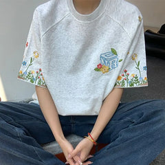 Bxoxo Korean Casual Short Sleeve Women T Shirts Y2K Chic Flower Embroidery Loose O Neck Tees Bf Summer Fashion Cotton Tops New