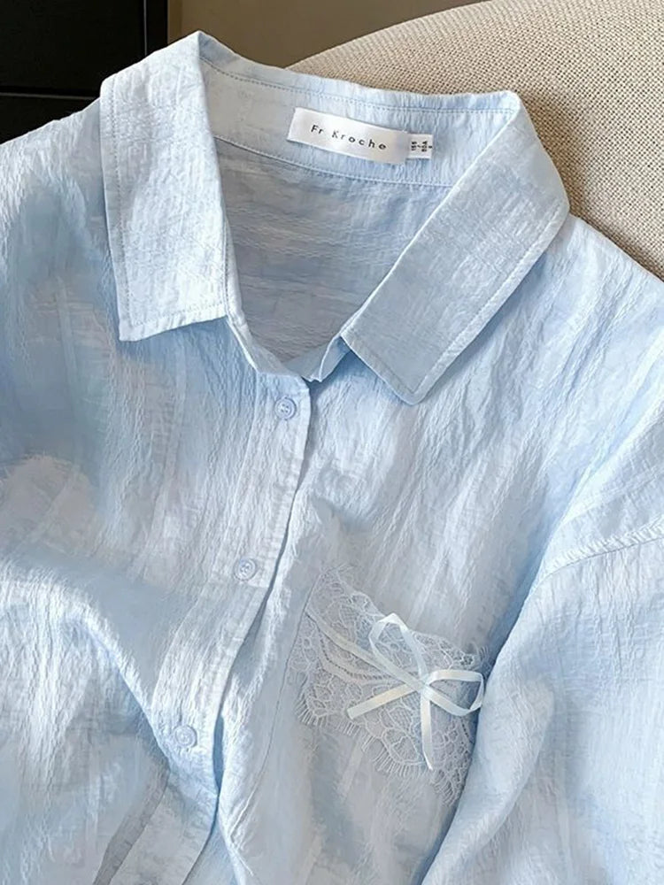 Bxoxo Blue Sweet Sun Proof Shirt Women Lace Patchwork Bow Korean Blouse Loose Fashion Long Sleeve Elegant Female Casual Cute Tops