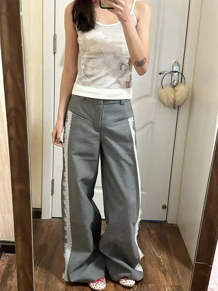 Bxoxo Y2k Gray Lace Women Suit Pants Vintage Harajuku Patchwork Wide Leg Korean Fashion Baggy Trousers Elegant Casual Sweet