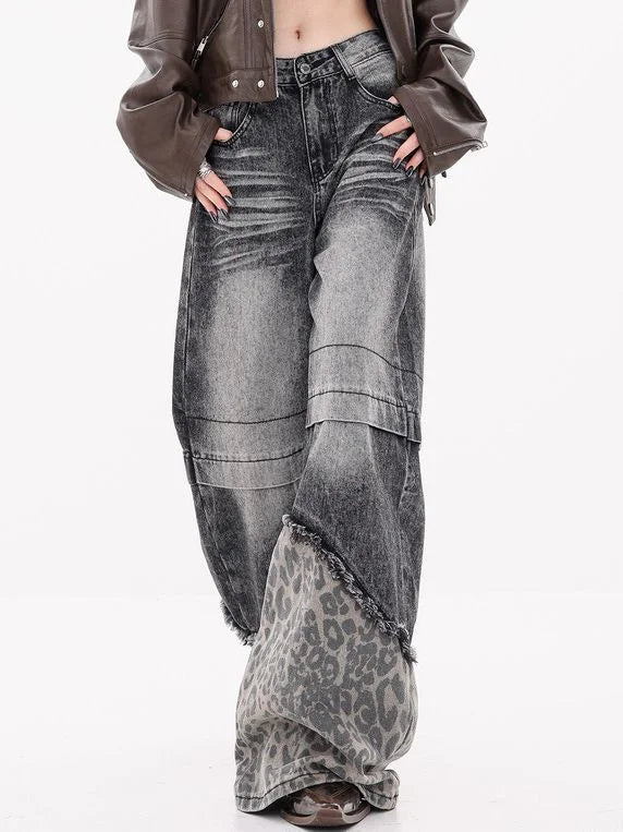 Bxoxo Y2k Vintage Patchwork Leopard Women Jeans Harajuku Washed Wide Leg Korean Fashion Denim Pants Baggy Trousers Streetwear