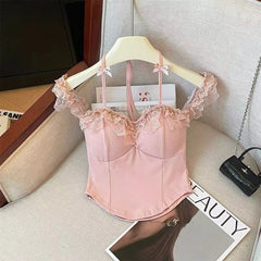 Bxoxo Sexy Slash Neck Lace Halter Camis Women Summer Sweet Slim Sleeveless Vest Y2K Streetwear Hot Girls Off Shoulder Tank New