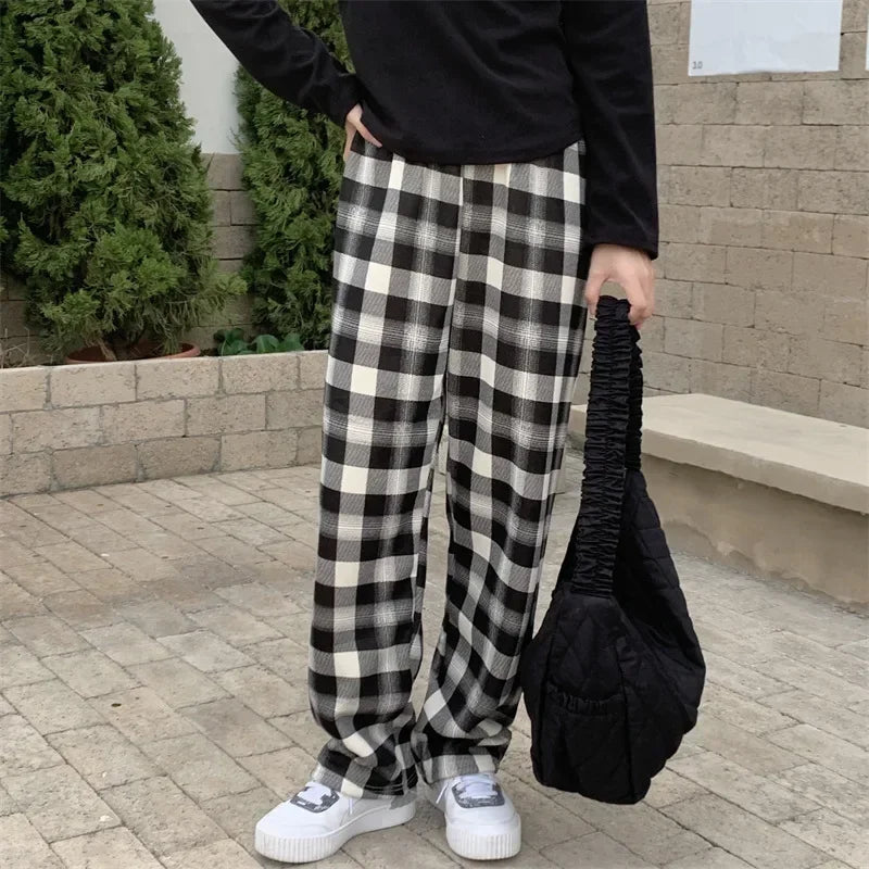 BXOXO Fashion Warm Plush Pants Cashmere Thick Plaid Ladies Winter Casual Loose Wide-legged Pants Korean Streetwear Students